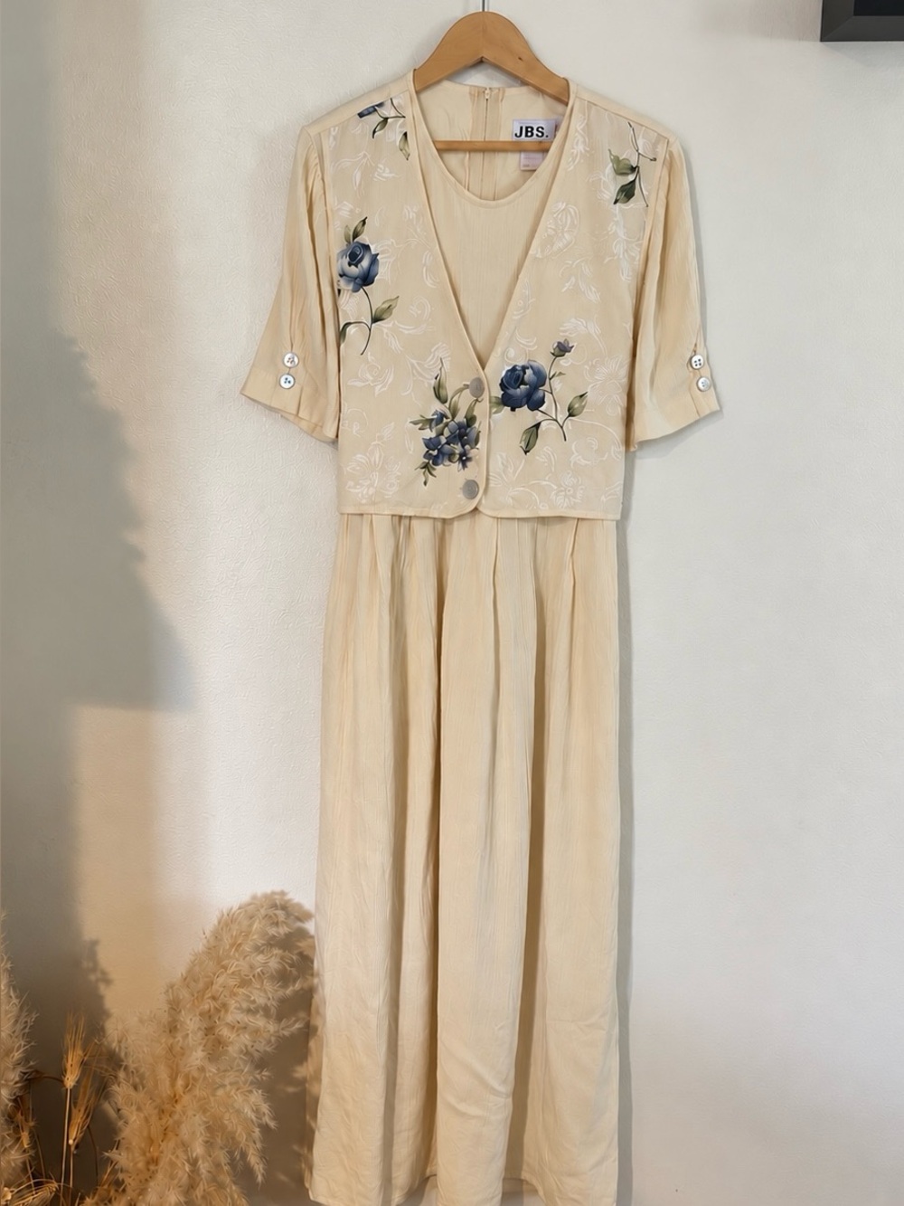 Vintage 90s J.B.S. Ltd Cream Blue Floral Faux Vest Maxi Dress Size 12